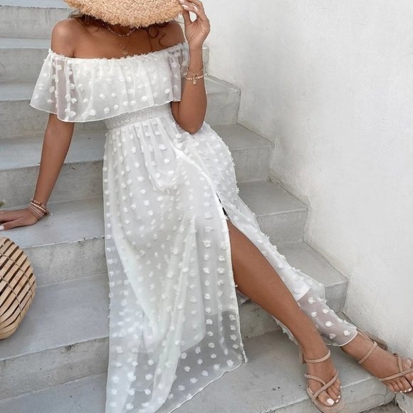 . Dresses & Skirts - White Boho Womens Swiss Dot Off Shoulder Ruffle Trim Split Thigh Dress